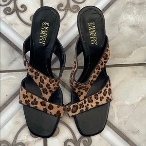 Franco Sarto Leopard Print Slip-On Mules with Black Footbed